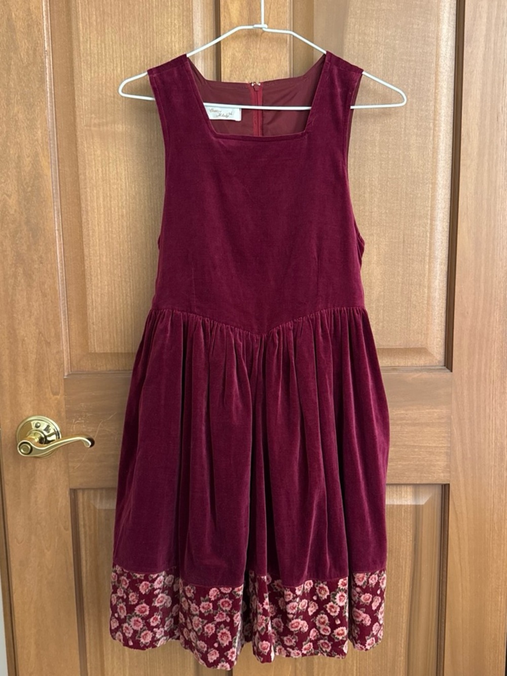 Girls' Burgundy Velvet Dress with Floral Hem
